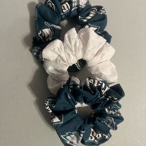 Handmade set of 3 scrunchies… 2 Philadelphia Eagles with 1 white lace